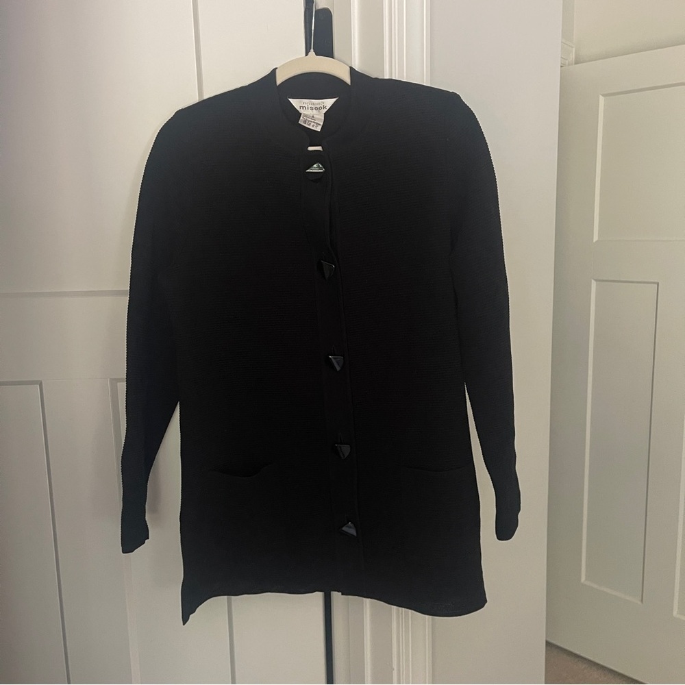 Exclusively Misook Black Ribbed‎ along Sleeve Button Down Cardigan Sweater